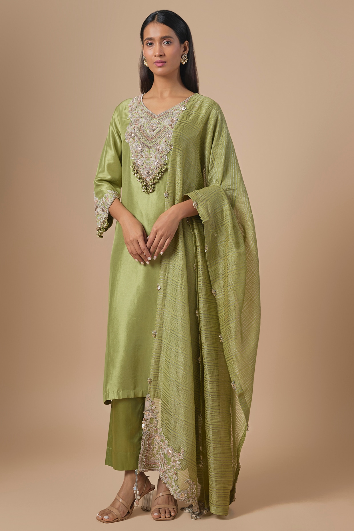 Prisho Sea Green Silk Gota Embroidered Kurta Set