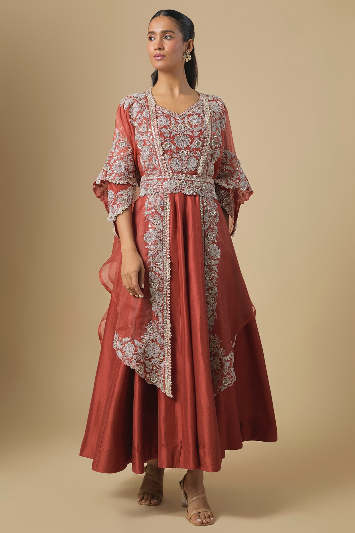 Prisho Deep Orange Silk Gota Embroidered Anarkali Set