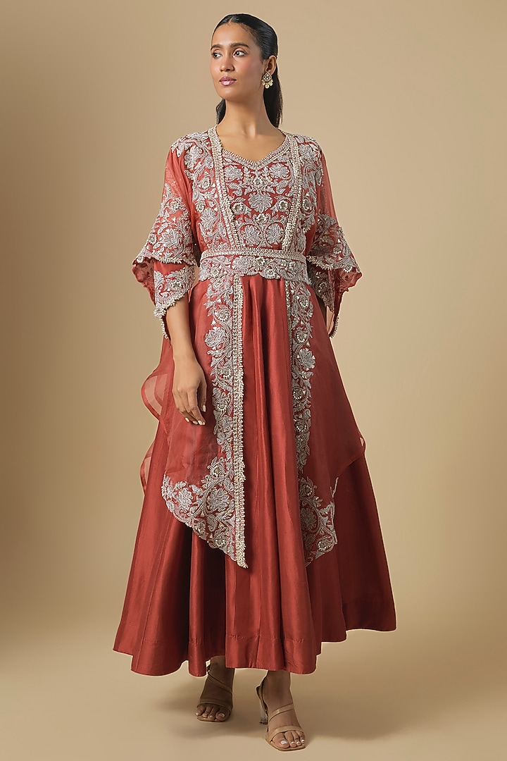 Deep Orange Silk Gota Embroidered Bridal Anarkali Set by Prisho at Pernia's Pop Up Shop