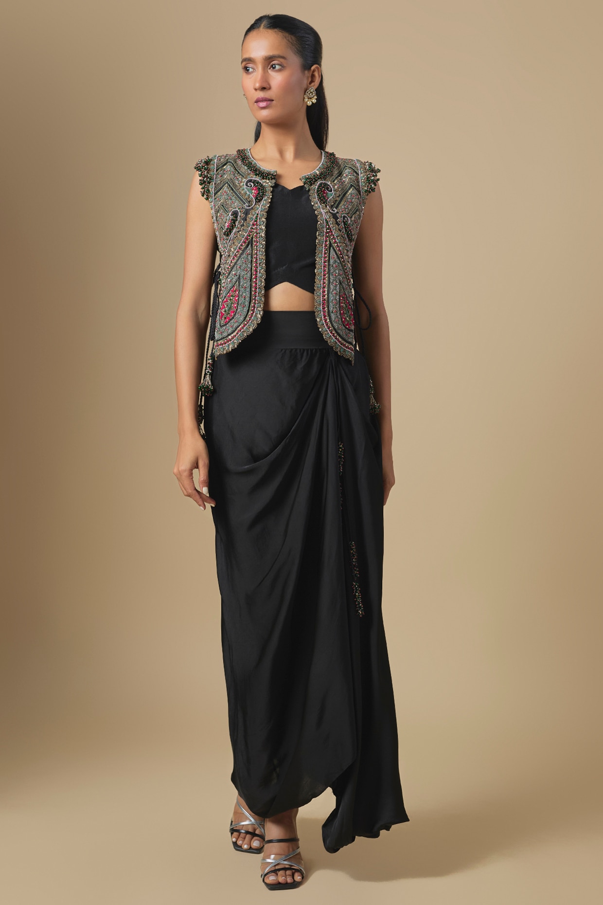 Prisho Black Chanderi Dori & Thread Embroidered Jacket Set