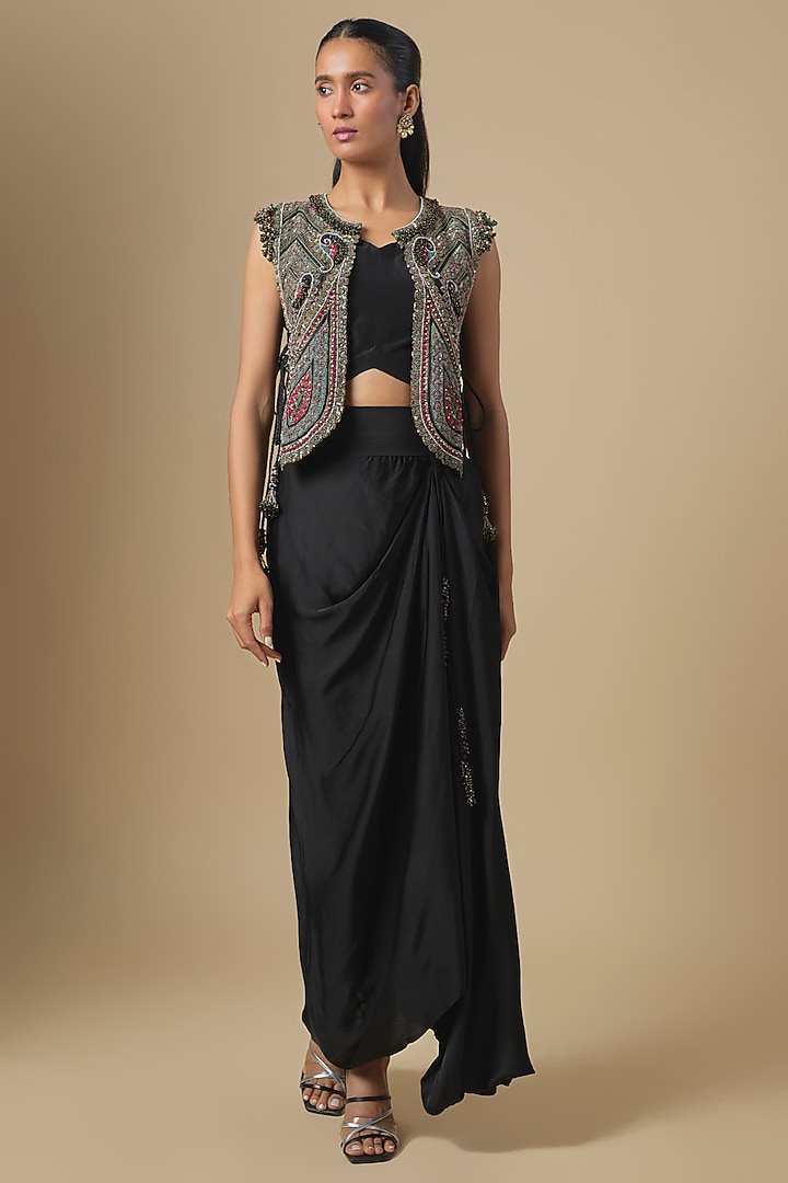 Black Chanderi Dori & Thread Embroidered Jacket Set by Prisho at Pernia's Pop Up Shop