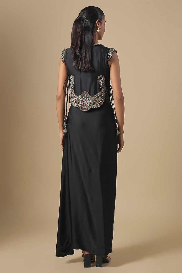 Black Chanderi Dori & Thread Embroidered Jacket Set by Prisho at Pernia's Pop Up Shop
