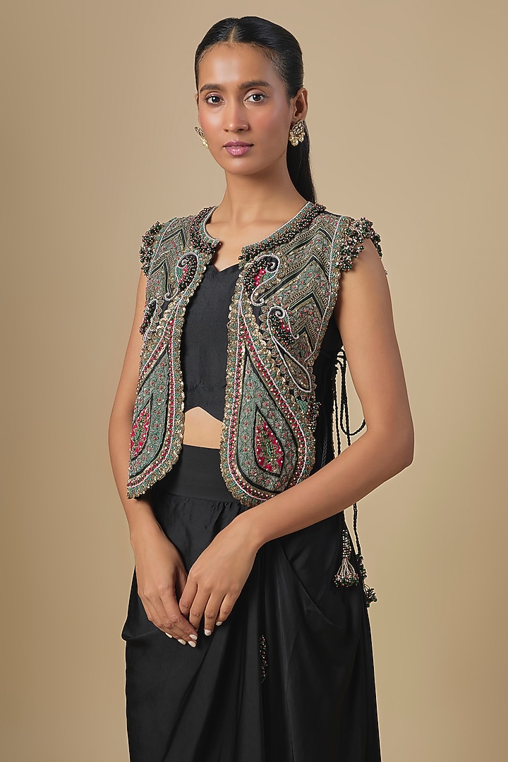 Black Chanderi Dori & Thread Embroidered Jacket Set by Prisho at Pernia's Pop Up Shop