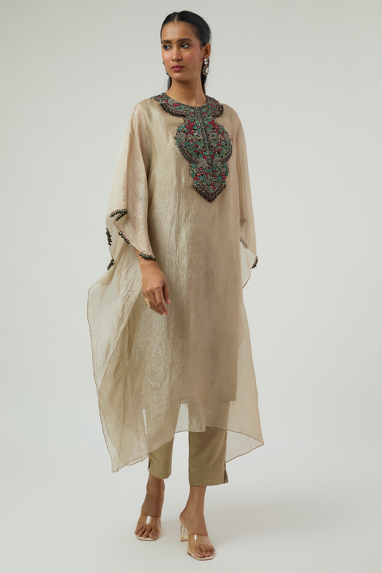 Prisho Beige Tissue Embroidered Kaftan Set