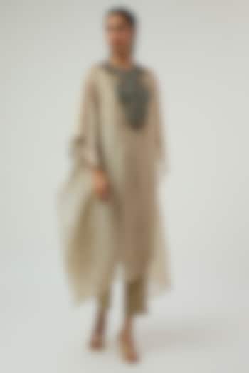 Beige Tissue Embroidered Kaftan Set by Prisho at Pernia's Pop Up Shop