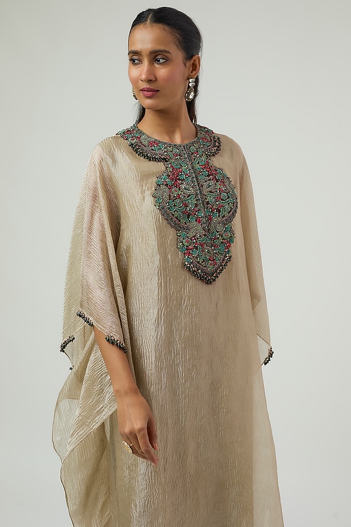 Beige Tissue Embroidered Kaftan Set by Prisho at Pernia's Pop Up Shop