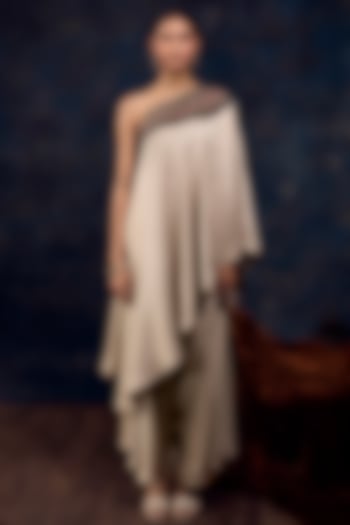 Champagne Silk Dori Embroidered One-Shoulder Tunic Set by Prisho at Pernia's Pop Up Shop