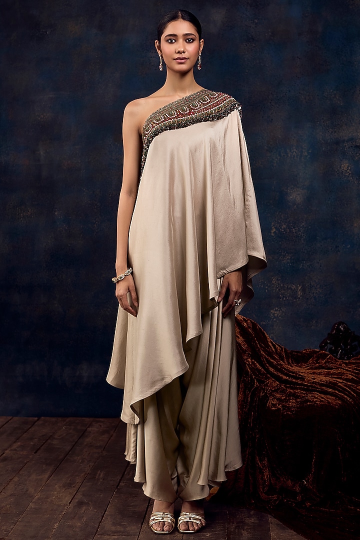 Champagne Silk Dori Embroidered One-Shoulder Tunic Set by Prisho at Pernia's Pop Up Shop