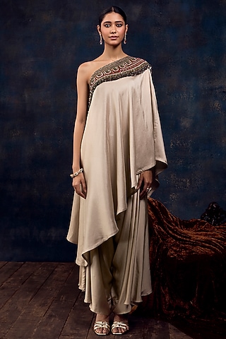 Champagne Silk Dori Embroidered One-Shoulder Tunic Set by Prisho