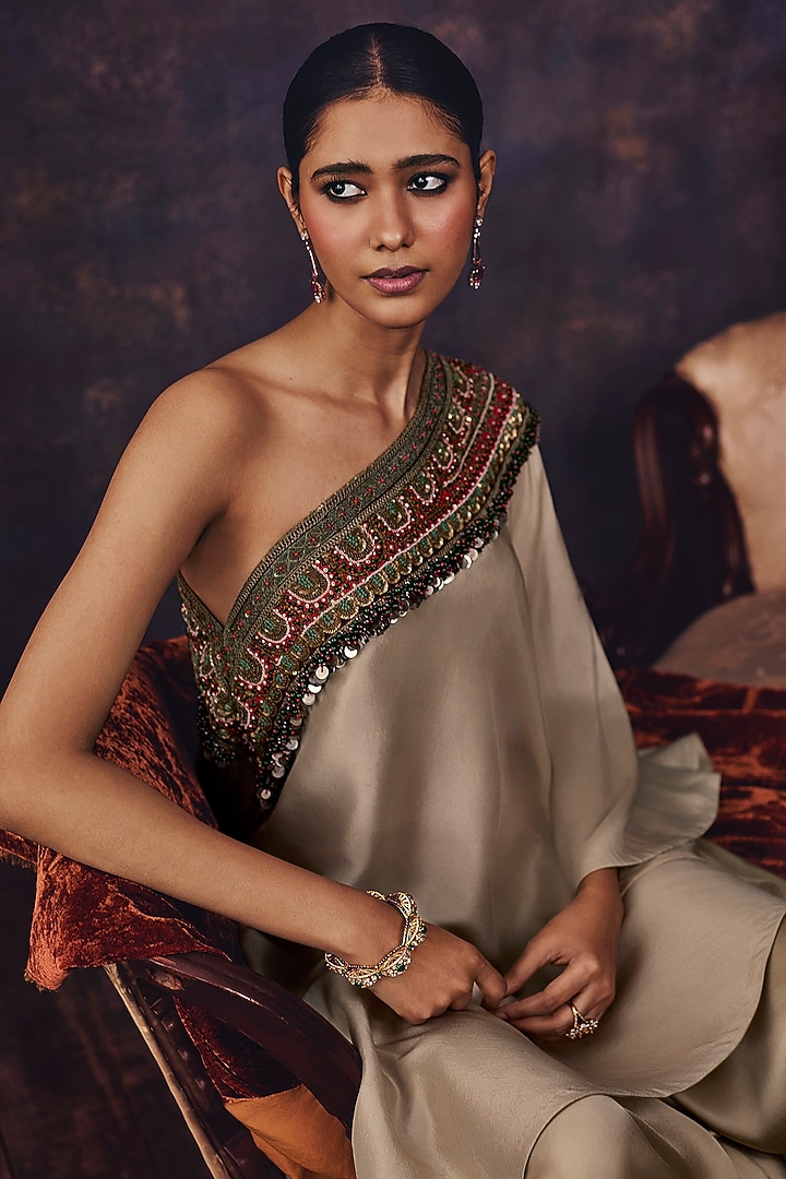 Champagne Silk Dori Embroidered One-Shoulder Tunic Set by Prisho at Pernia's Pop Up Shop