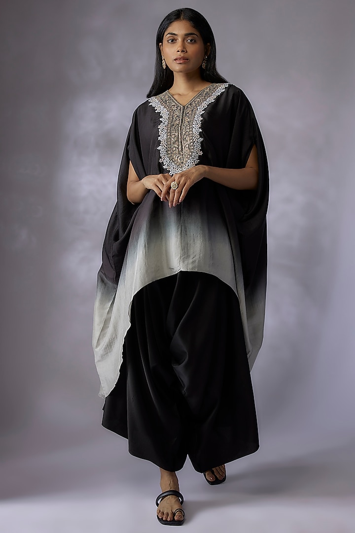 Black & White Silk Embroidered Kaftan Set by Prisho at Pernia's Pop Up Shop