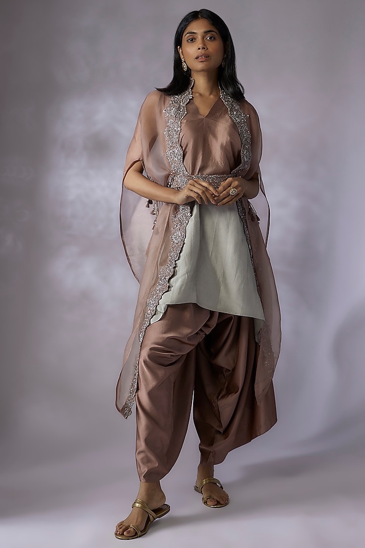 Brown Organza Embroidered Cape Set by Prisho