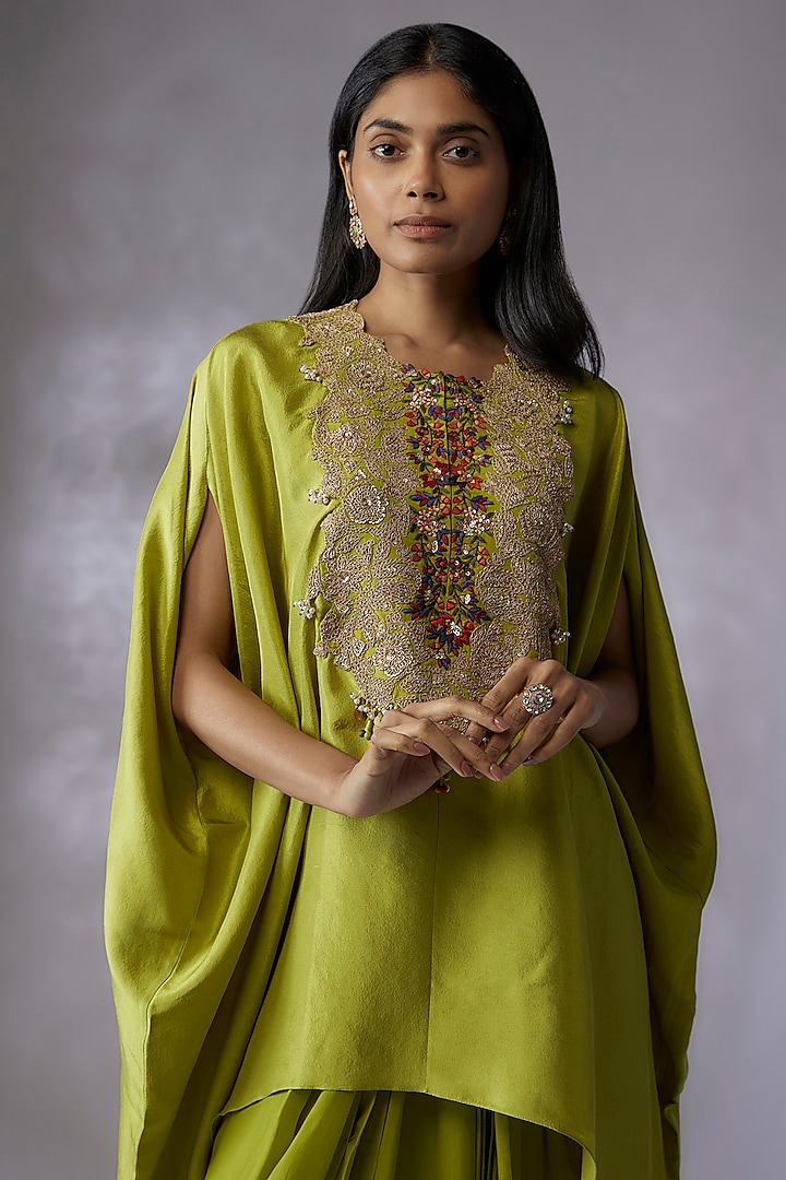 Green Silk Embroidered Kaftan Set by Prisho at Pernia's Pop Up Shop