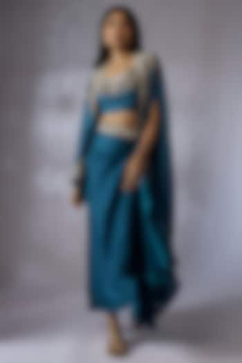 Blue Chanderi Embroidered Cape Set by Prisho at Pernia's Pop Up Shop