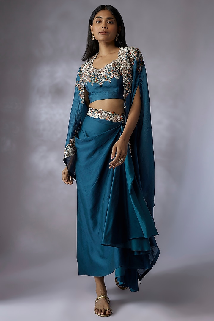 Blue Chanderi Embroidered Cape Set by Prisho at Pernia's Pop Up Shop