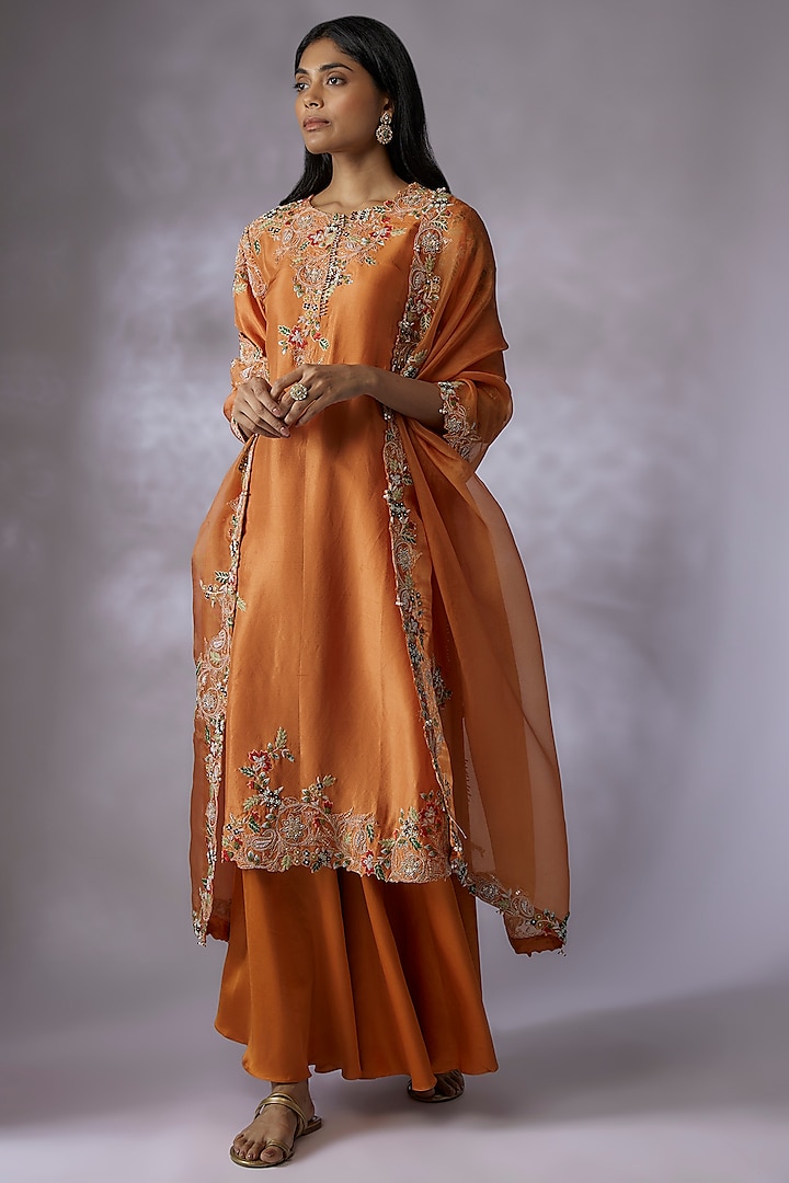 Orange Silk Embroidered Kurta Set by Prisho at Pernia's Pop Up Shop