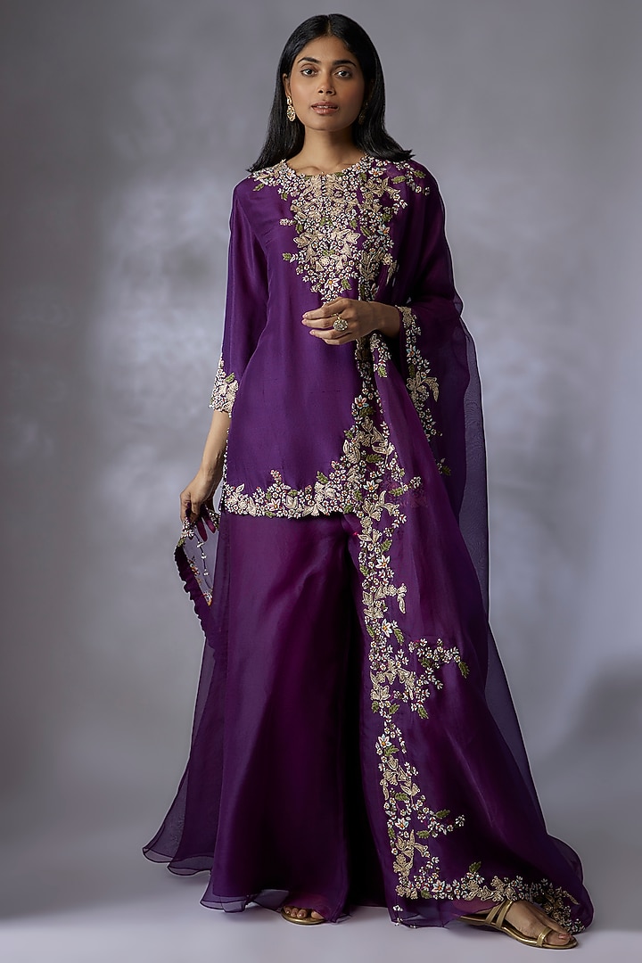 Purple Silk Embroidered Kurta Set by Prisho at Pernia's Pop Up Shop