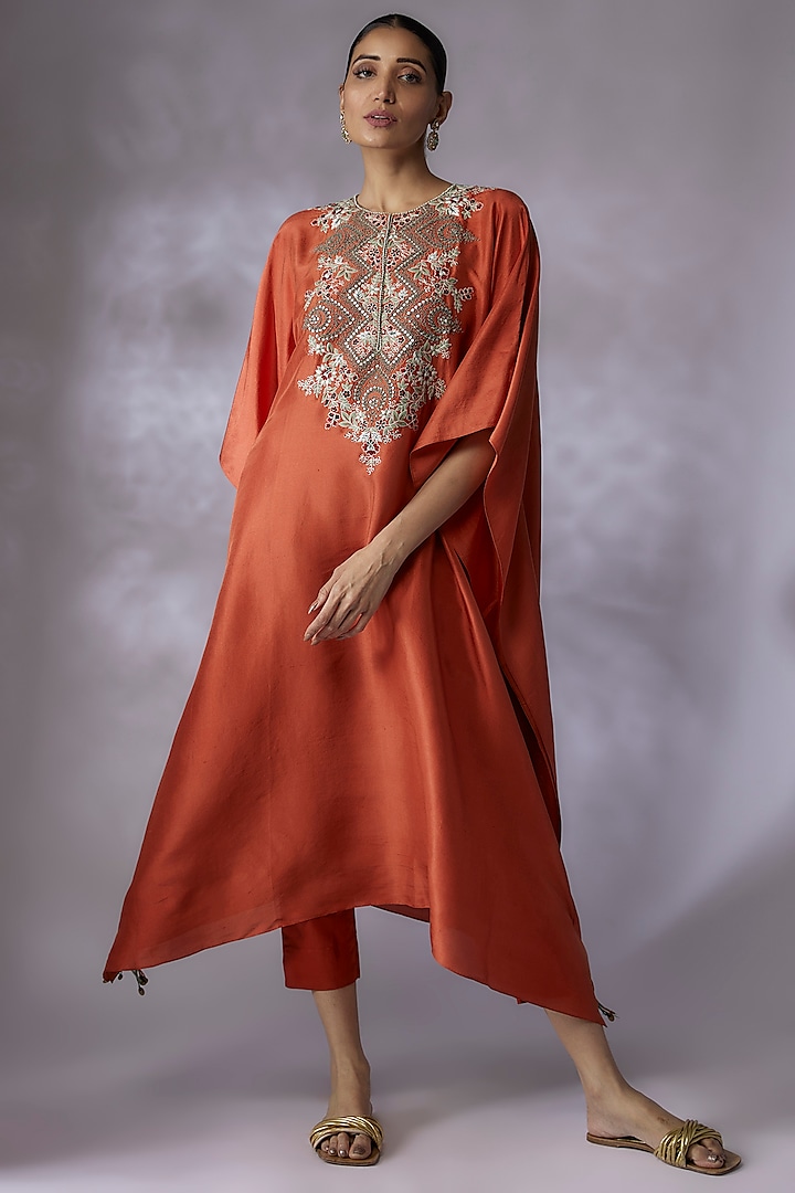 Orange Silk Embroidered Kaftan Set by Prisho