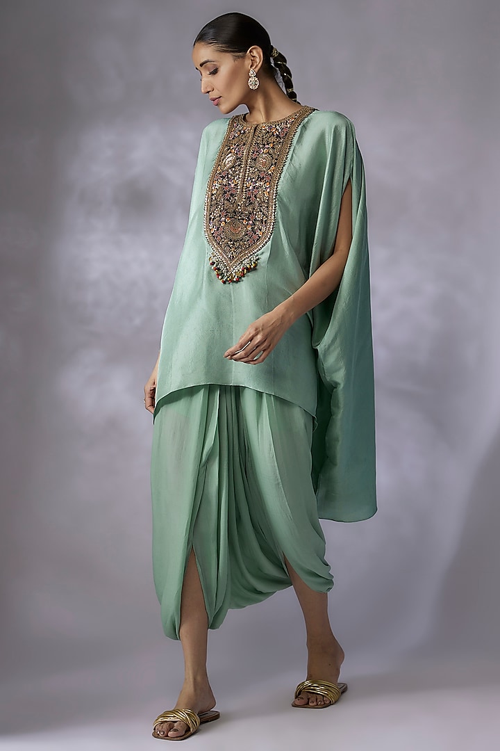 Green Silk Embroidered Kaftan Set by Prisho
