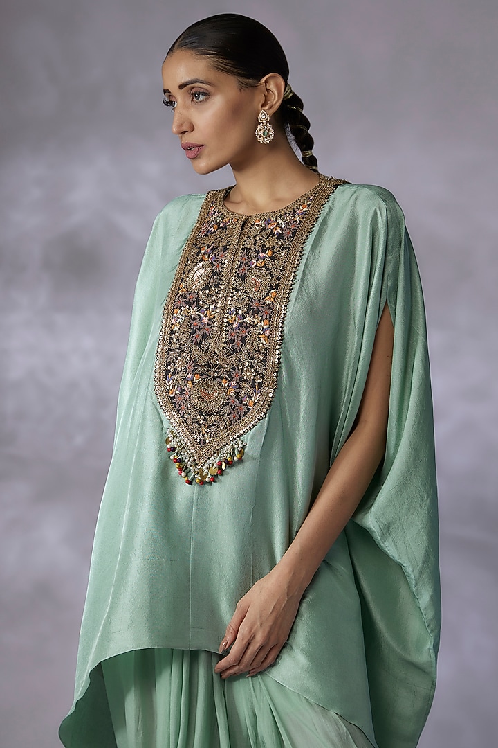 Green Silk Embroidered Kaftan Set by Prisho at Pernia's Pop Up Shop