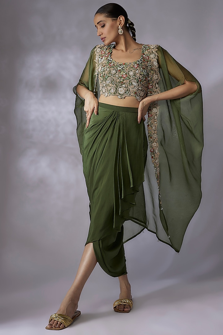 Green Crepe Draped Skirt Set by Prisho at Pernia's Pop Up Shop