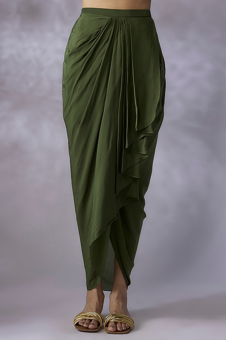 Green Crepe Draped Skirt Set by Prisho at Pernia's Pop Up Shop