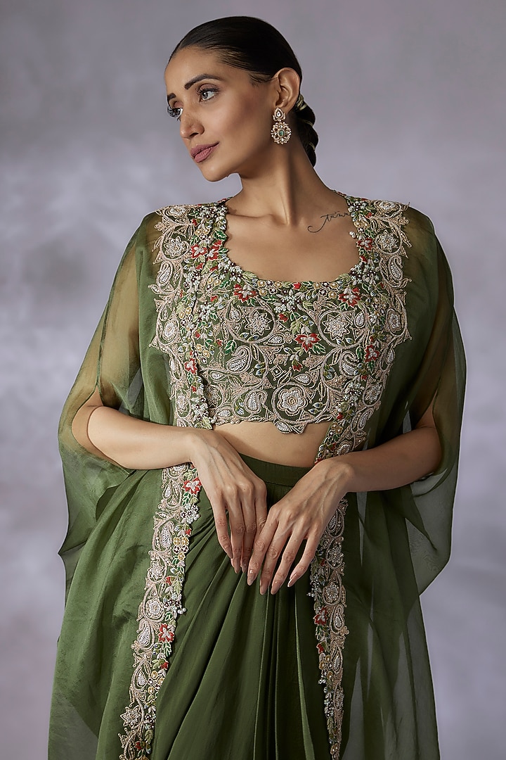 Green Crepe Draped Skirt Set by Prisho at Pernia's Pop Up Shop