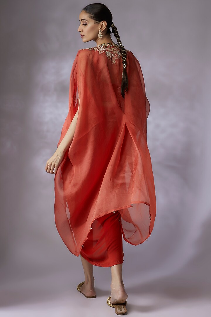 Orange Crepe Draped Skirt Set by Prisho at Pernia's Pop Up Shop