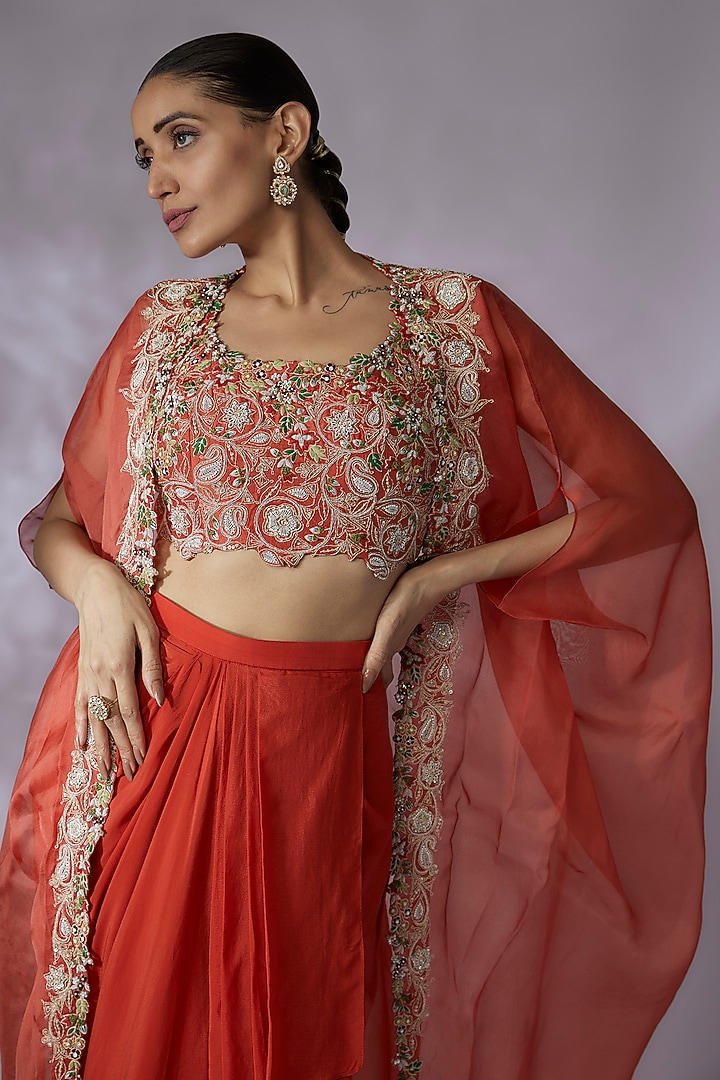 Orange Crepe Draped Skirt Set by Prisho at Pernia's Pop Up Shop