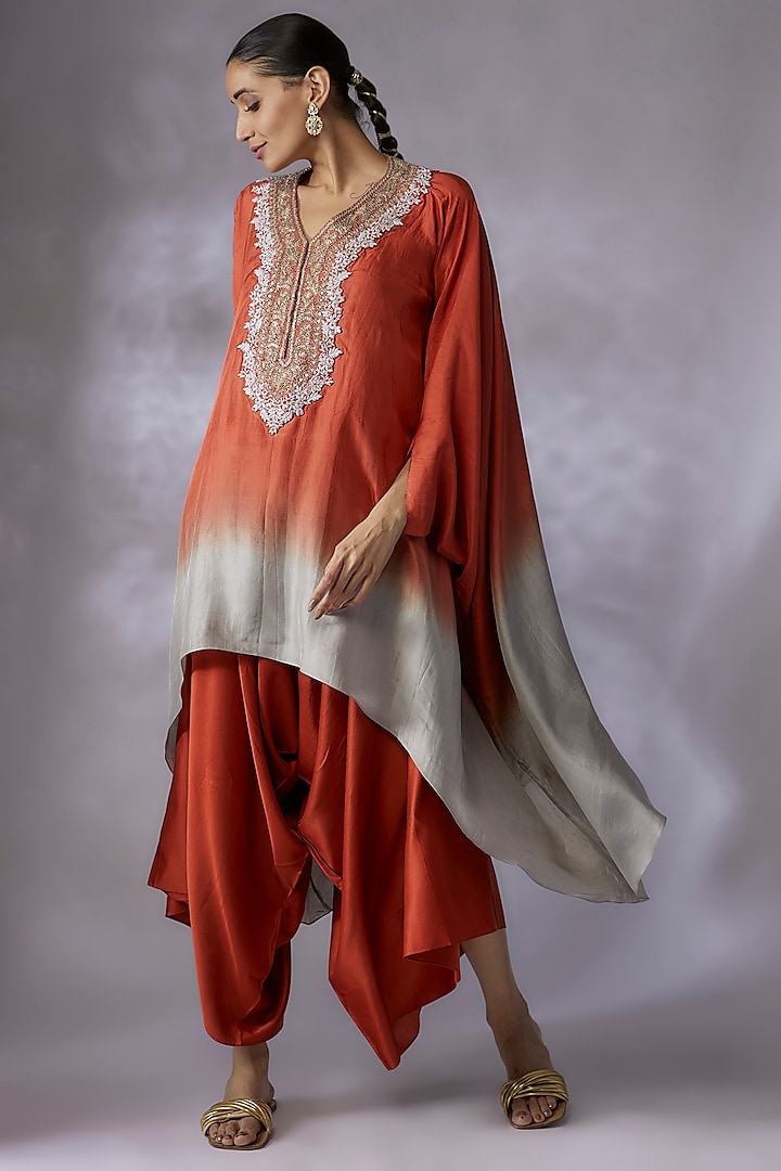 Multi-Colored Silk Embroidered Kaftan Set by Prisho
