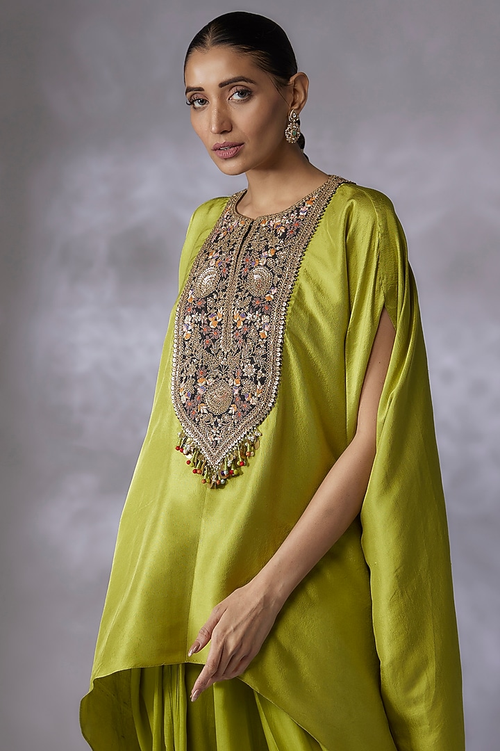 Green Silk Embroidered Kaftan Set by Prisho at Pernia's Pop Up Shop