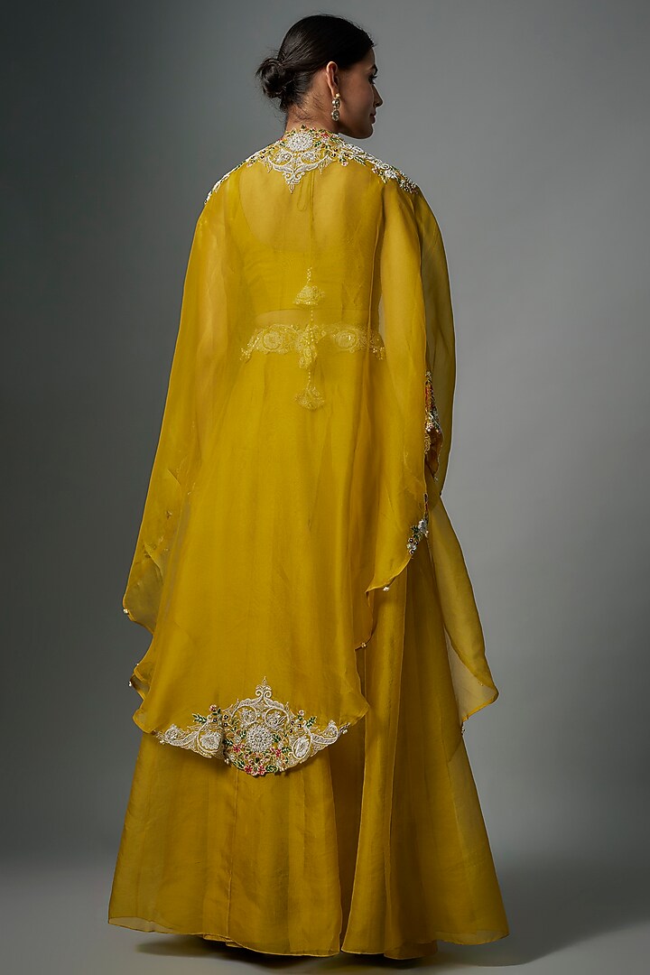 Mustard Organza Thread Embroidered Cape Set by Prisho at Pernia's Pop Up Shop