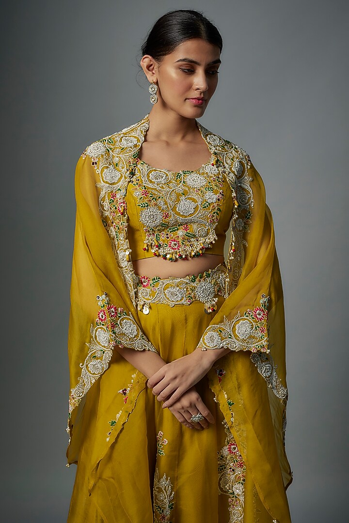Mustard Organza Thread Embroidered Cape Set by Prisho at Pernia's Pop Up Shop