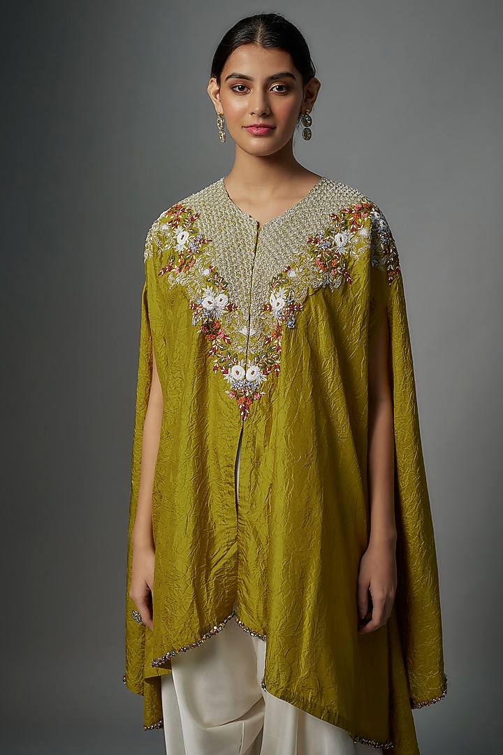 Lime Green Crushed Silk Thread Embroidered Kaftan Set by Prisho at Pernia's Pop Up Shop