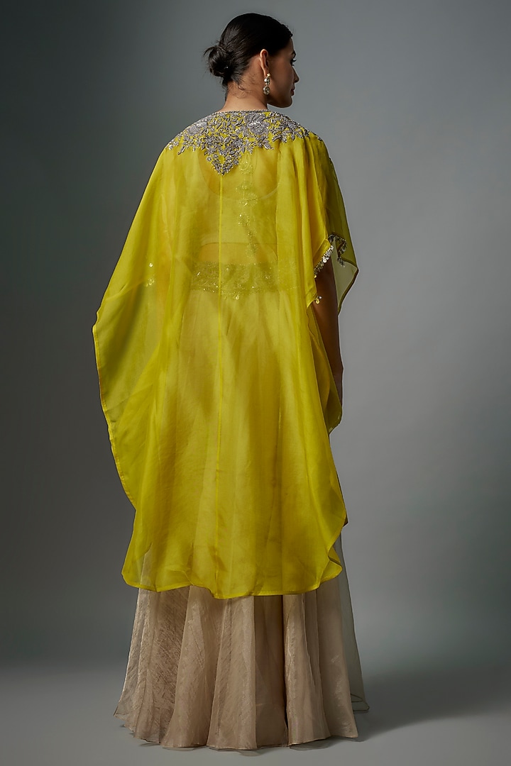 Lime Organza Thread Embroidered Cape Set by Prisho at Pernia's Pop Up Shop