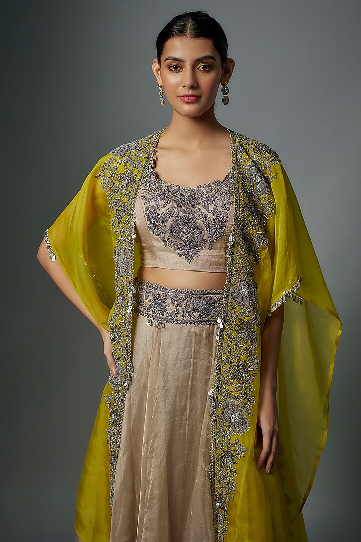 Lime Organza Thread Embroidered Cape Set by Prisho at Pernia's Pop Up Shop