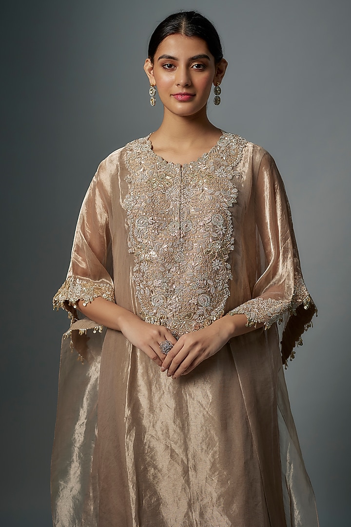 Champagne Silk Thread Embroidered Kaftan Set by Prisho at Pernia's Pop Up Shop