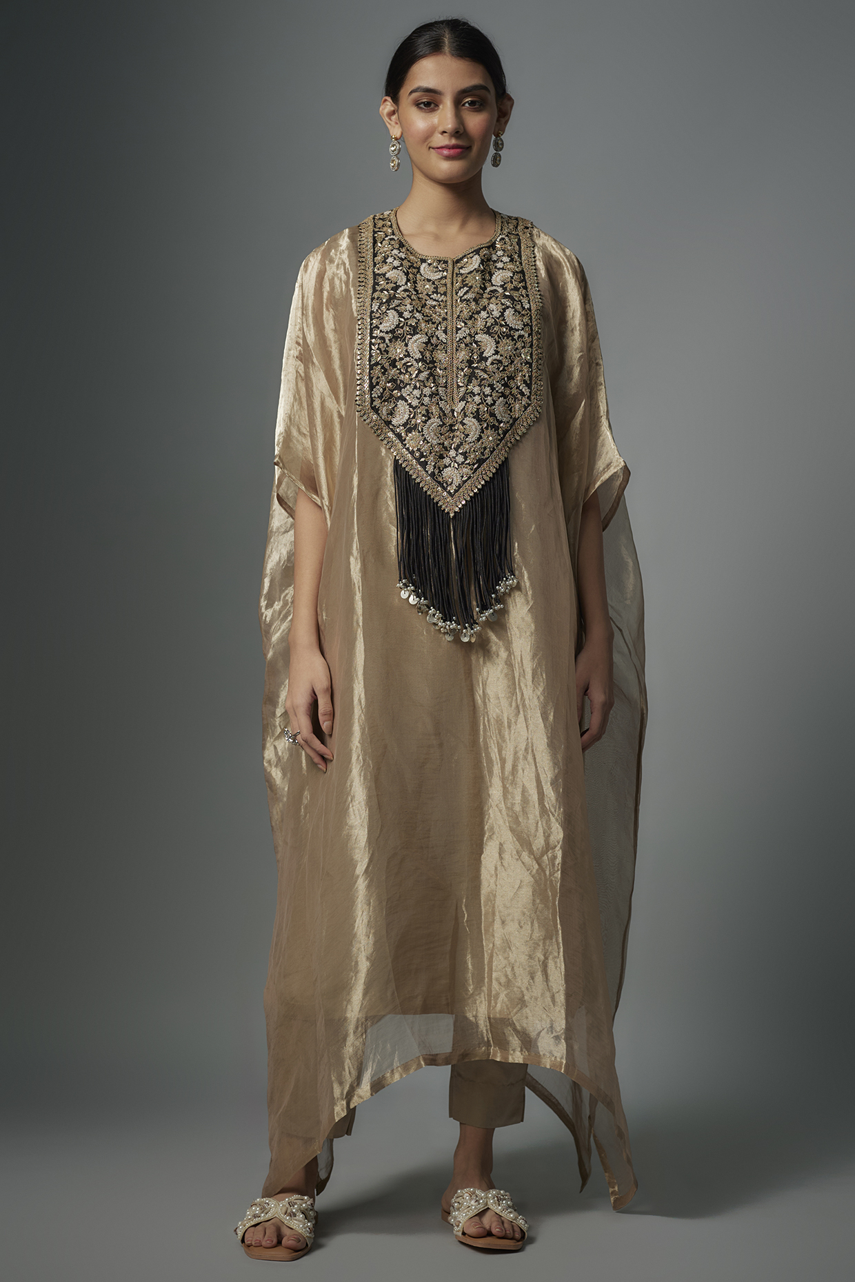 Champagne Tissue Resham Embroidered Kaftan Set by Prisho at Pernia's Pop Up Shop