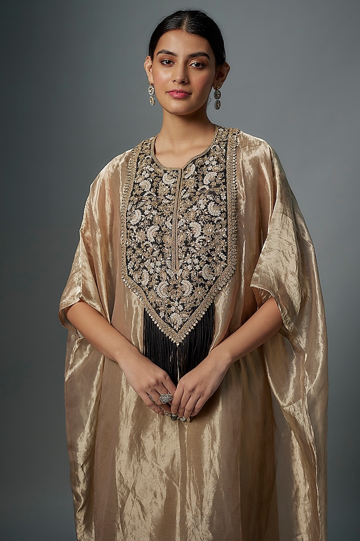 Champagne Tissue Resham Embroidered Kaftan Set by Prisho at Pernia's Pop Up Shop