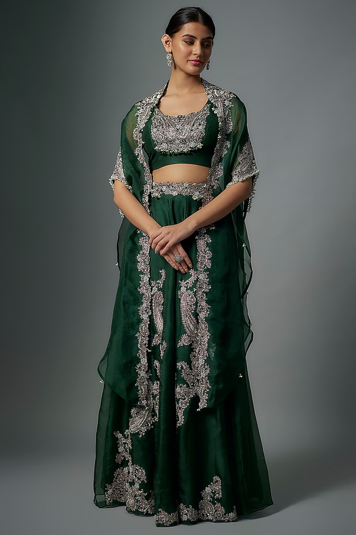 Bottle Green Organza Maal Embroidered Cape Set by Prisho at Pernia's Pop Up Shop