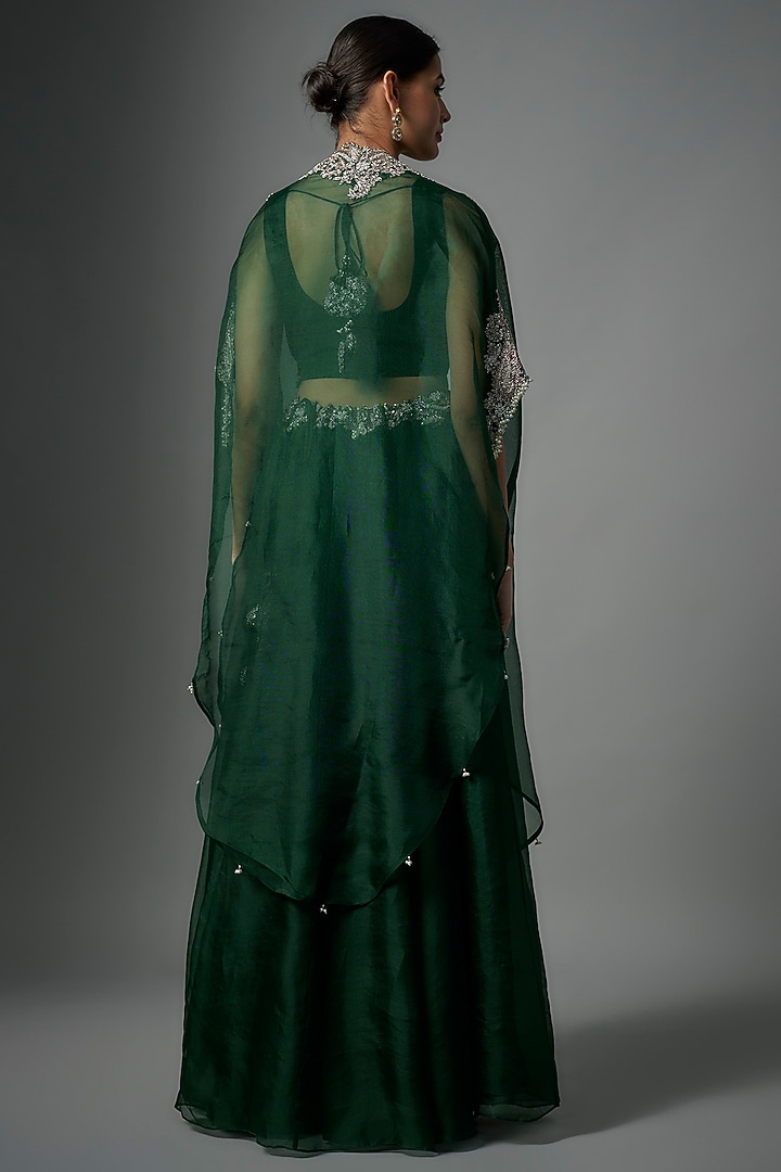 Bottle Green Organza Maal Embroidered Cape Set by Prisho at Pernia's Pop Up Shop