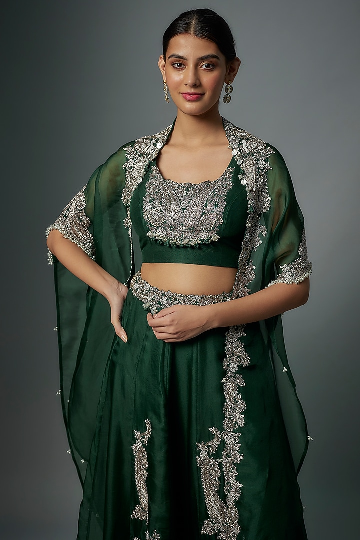Bottle Green Organza Maal Embroidered Cape Set by Prisho at Pernia's Pop Up Shop