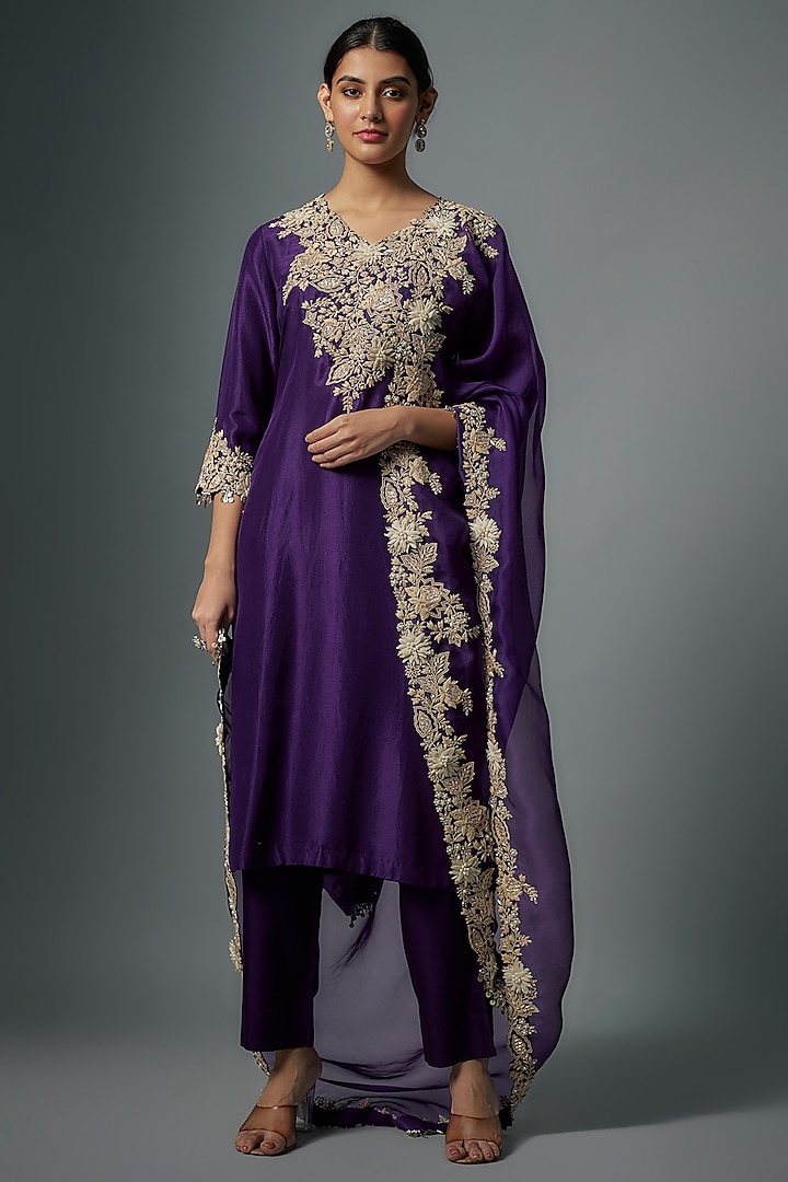 Purple Silk Lampi Embroidered Kurta Set by Prisho at Pernia's Pop Up Shop