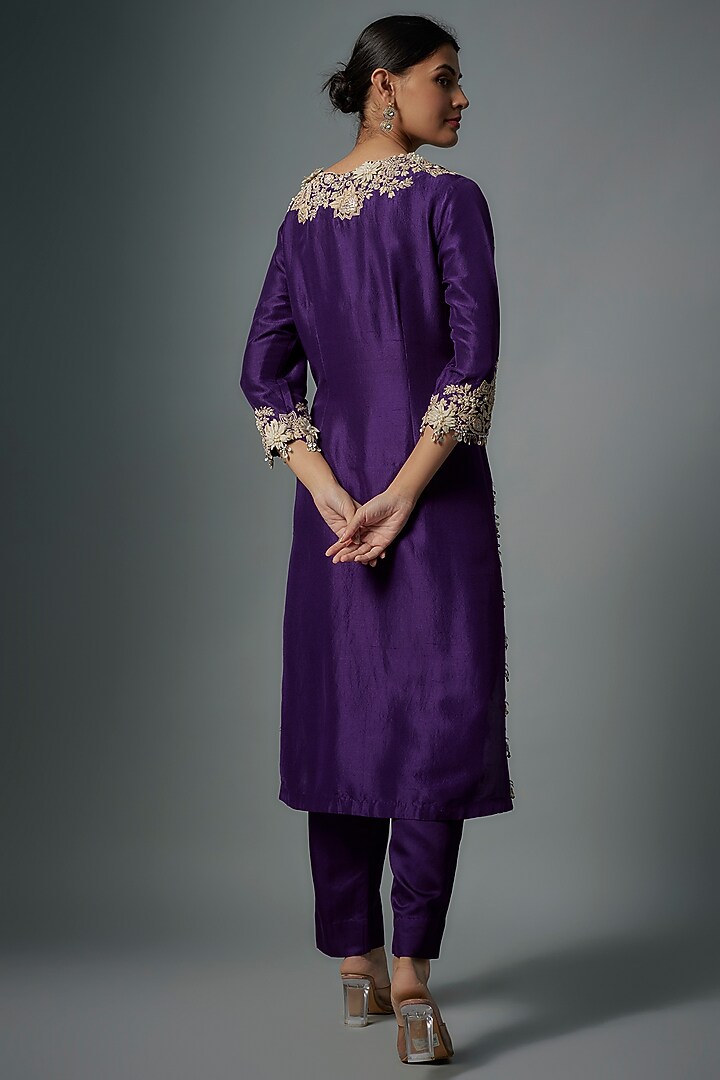 Purple Silk Lampi Embroidered Kurta Set by Prisho at Pernia's Pop Up Shop