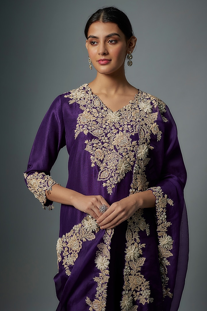 Purple Silk Lampi Embroidered Kurta Set by Prisho at Pernia's Pop Up Shop