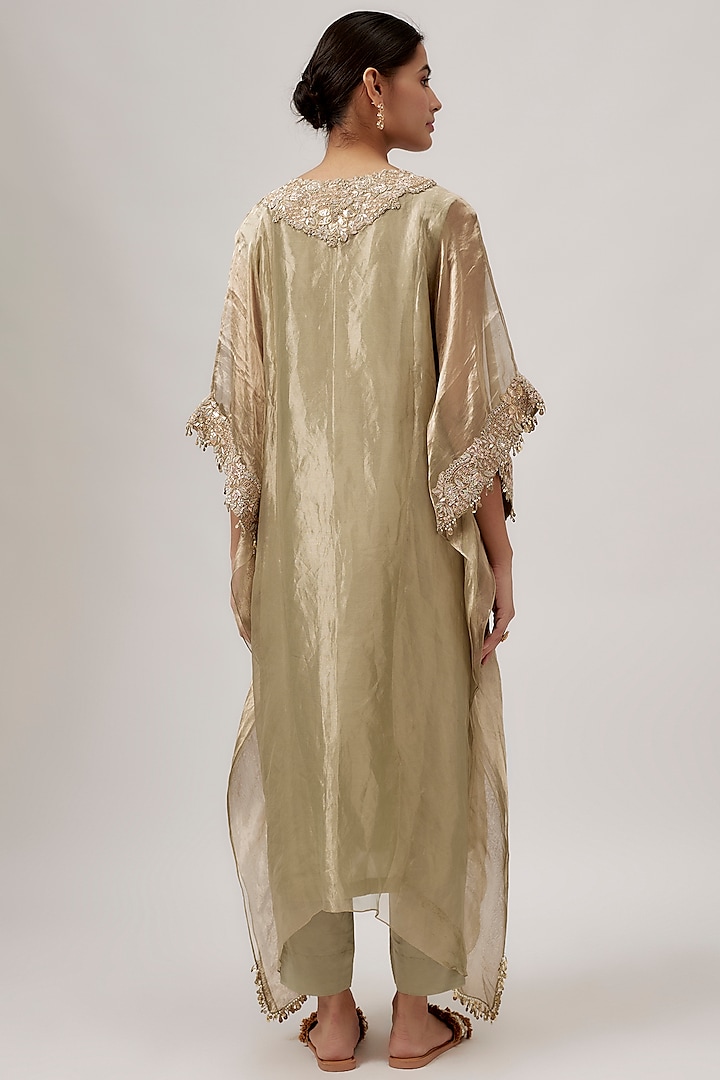 Sea Green Tissue Maal & Lampi Work Kaftan Set by Prisho at Pernia's Pop Up Shop