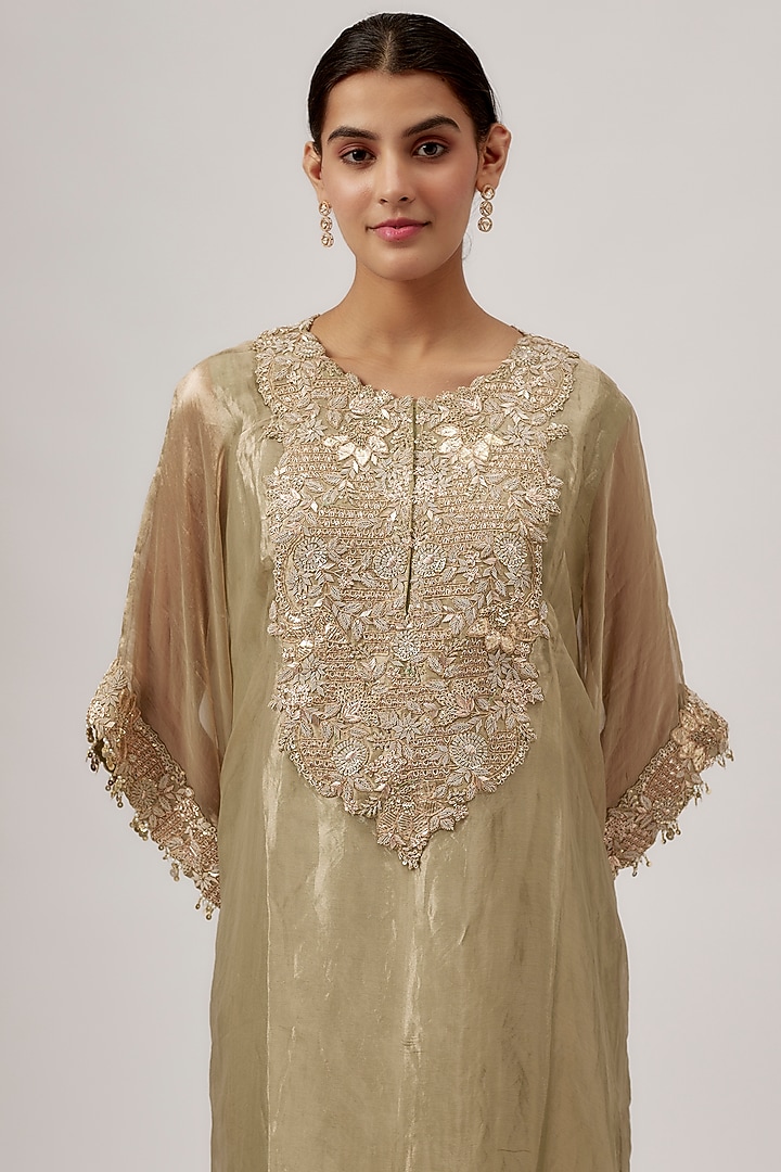 Sea Green Tissue Maal & Lampi Work Kaftan Set by Prisho at Pernia's Pop Up Shop