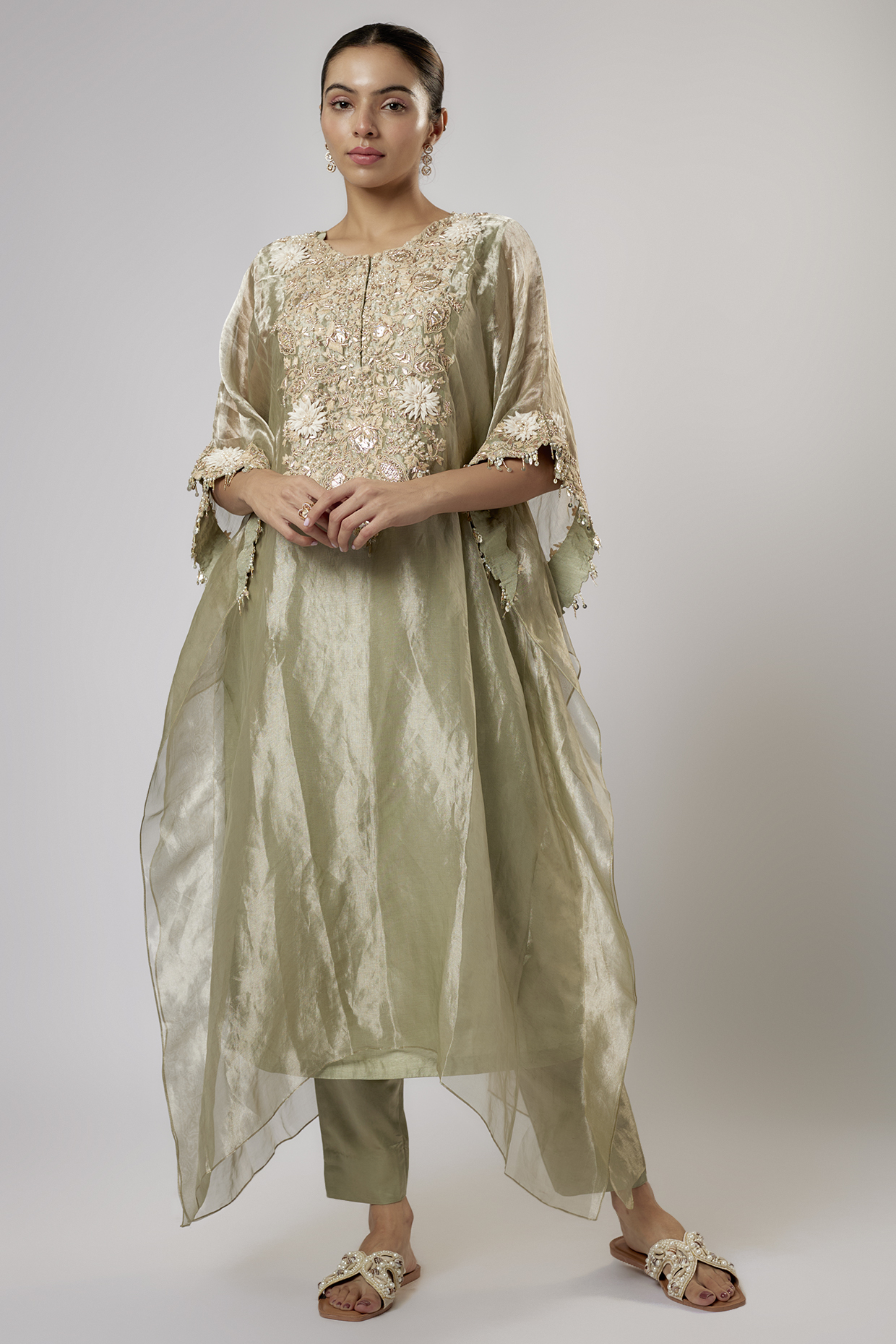 Green Tissue Resham Work Kaftan Set by Prisho at Pernia's Pop Up Shop