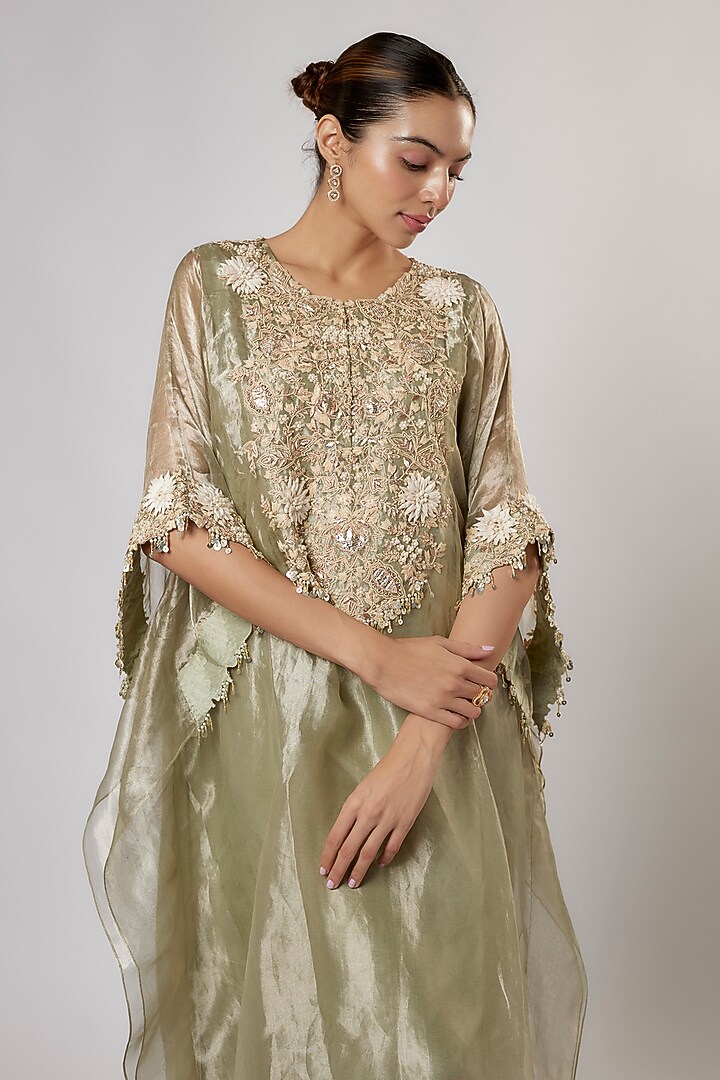 Green Tissue Resham Work Kaftan Set by Prisho at Pernia's Pop Up Shop