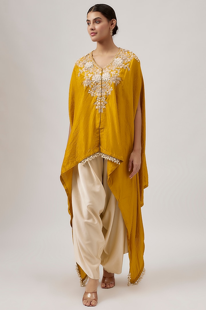 Mustard & Ivory Silk Lampi Work Kaftan Set by Prisho at Pernia's Pop Up Shop